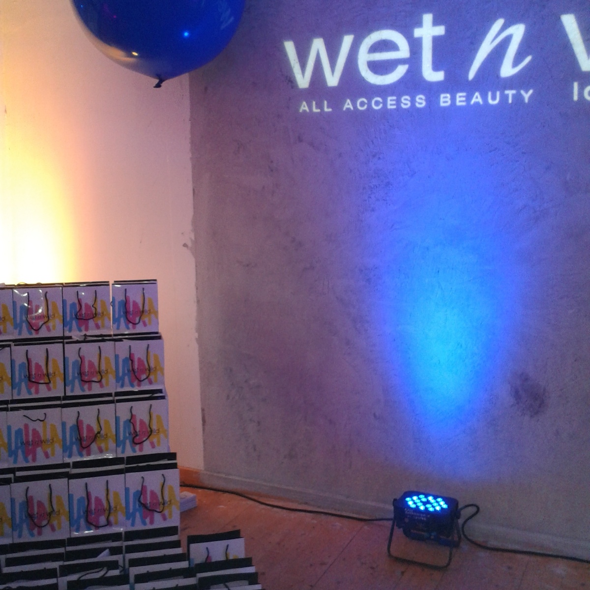 wall of goodie bags at Wet N Wild Summer Makeup Launch Dublin